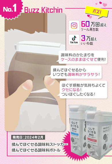 S評価▶︎揉んでほぐせる調味料ストッカー・揉んでほぐせる調味料ボトル:各110円(税込)