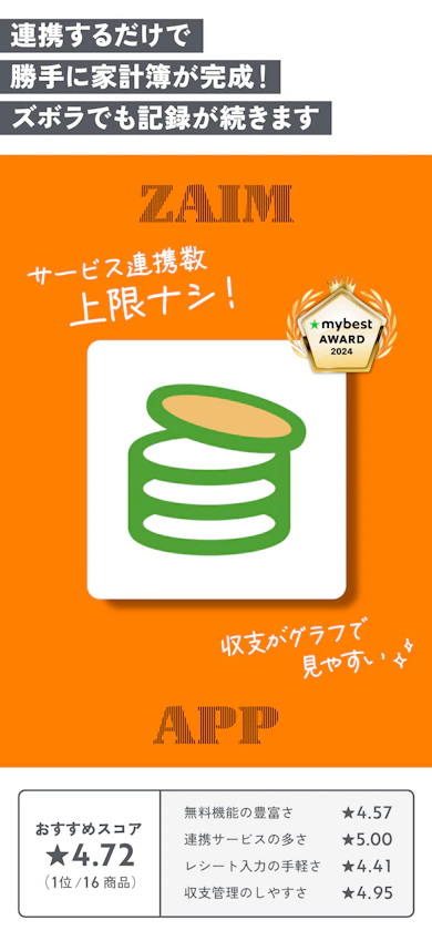 【アプリ部門 最優秀賞】くふうAIスタジオ「Zaim」(基本利用料:無料)