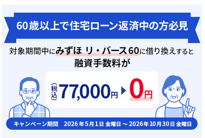 みずほ リ・バース60への借り換えで通常77,000円の融資手数料が0円になる