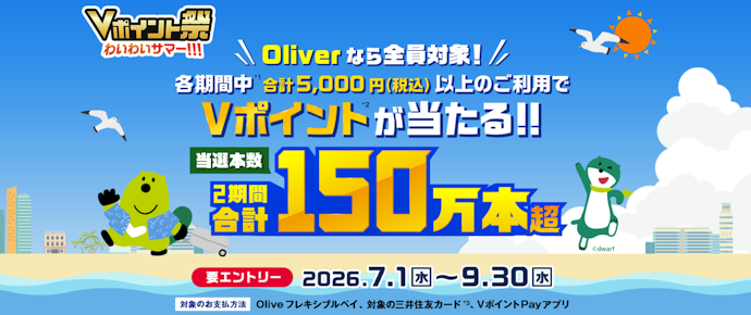 三井住友銀行のOliveフレキシブルペイ|5,000円以上の利用で最大1万Vポイントが当たる