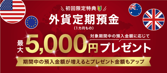 【個人・法人共通】外貨定期預金を始めると最大5,000円がもらえるチャンス