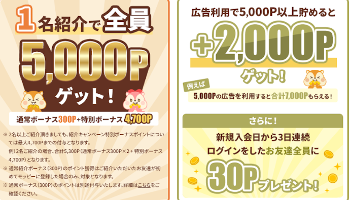 モッピーの友達紹介制度で最大5,000ポイントがもらえる