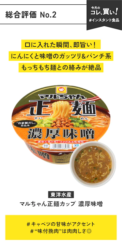 【総合評価No.2】東洋水産「マルちゃん正麺カップ 濃厚味噌」(販売価格:3,127円/12個)