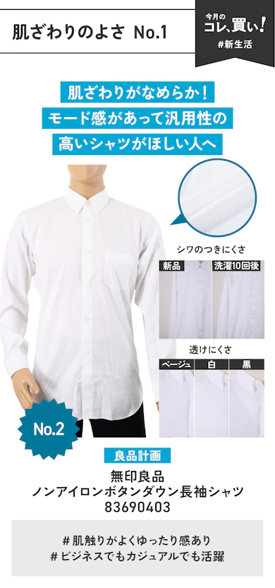 【肌ざわりのよさNo.1】良品計画「無印良品 ノンアイロンボタンダウン長袖シャツ 83690403」(販売価格:3,990円)