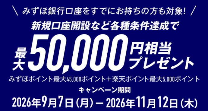 新規口座開設などをすると最大50,000円相当のみずほポイントがもらえる