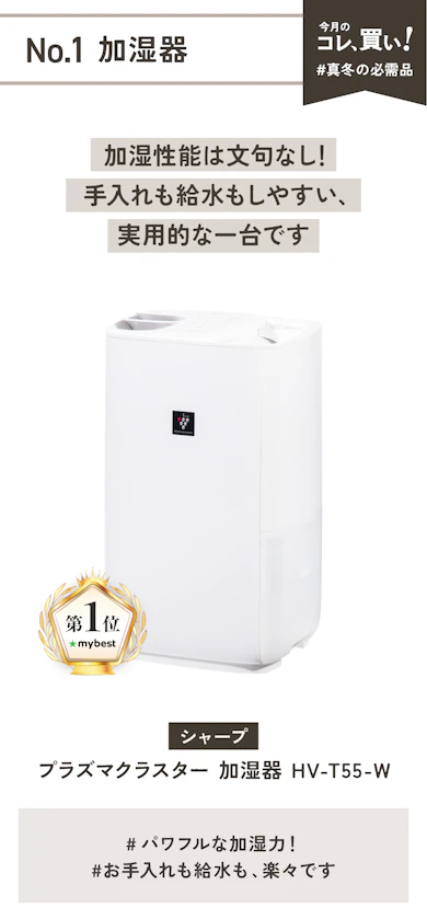 【No.1加湿器】シャープ「プラズマクラスター 加湿器 HV-T55-W」(販売価格:22,000円)