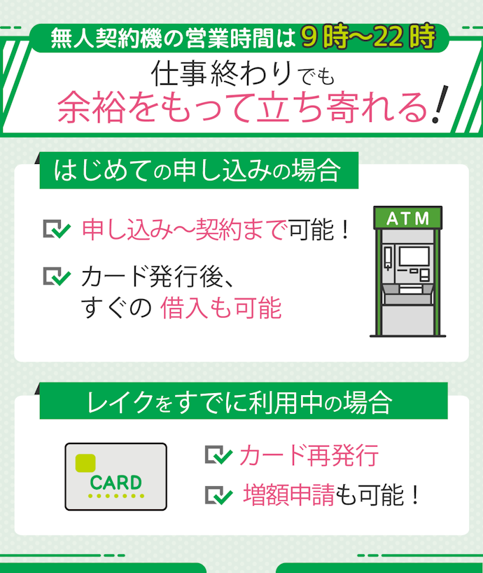 レイクの無人契約機でできることは?営業時間も紹介