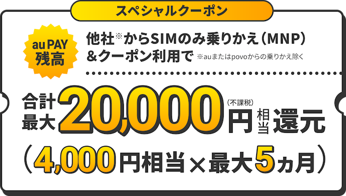 クーポンコード「3MP062」の利用でau PAY残高合計20,000円相当プレゼント