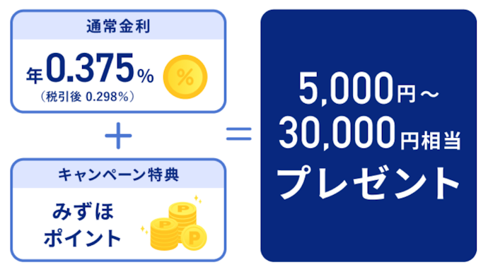 定期預金6か月ものへ預け入れで最大3万円相当のみずほポイント進呈