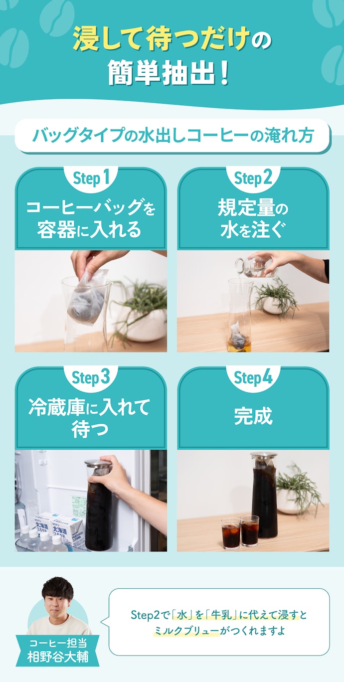バッグタイプの水出しコーヒーの作り方は?ミルクブリューのレシピも紹介