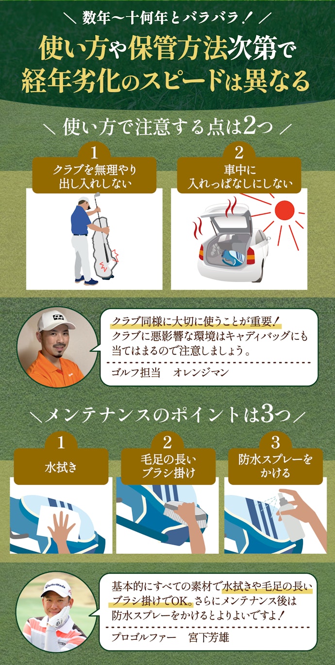 キャディバッグの寿命は何年?メンテナンス方法も解説
