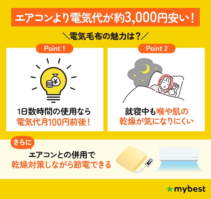 冬でも乾燥せず暖まれる電気毛布。1か月の電気代はエアコンよりどれくらい安い?