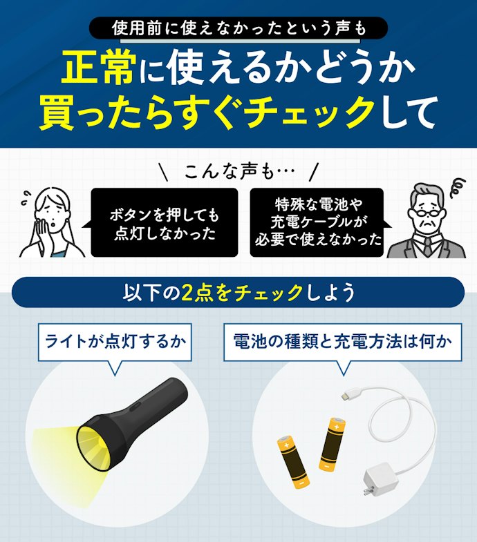 初期不良に注意。点灯するか使用前のチェックを忘れずに