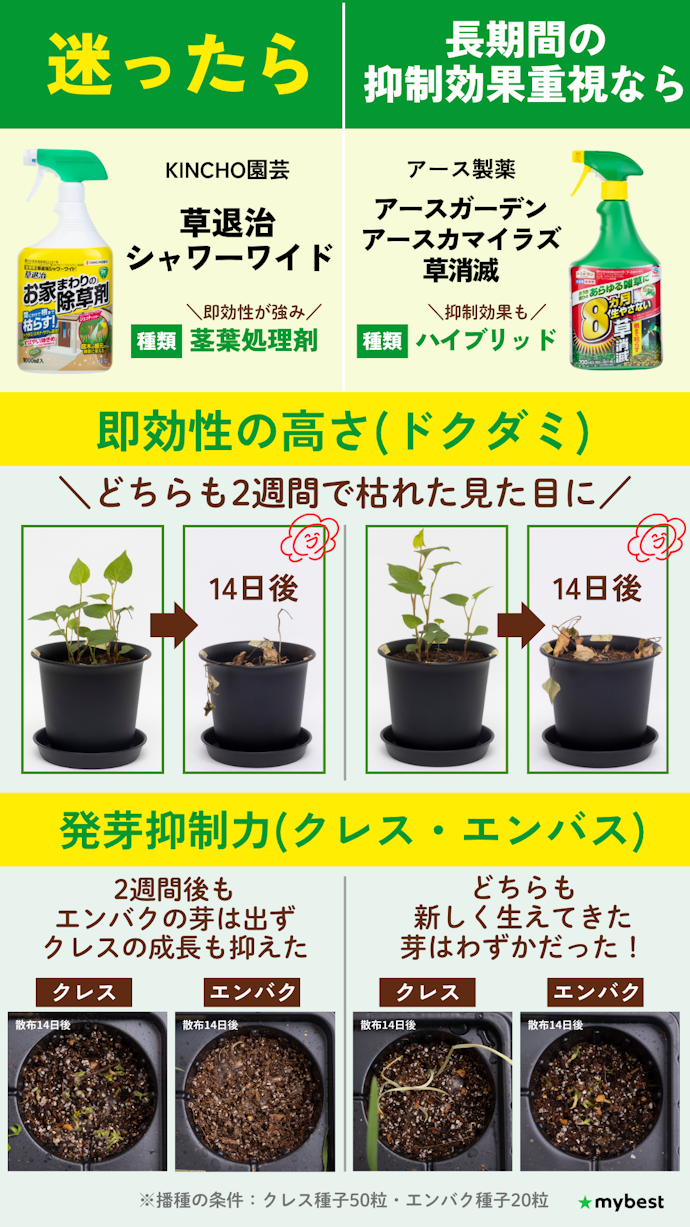 迷ったら「草退治シャワーワイド」!抑制力も重視なら「アースカマイラズ 草消滅」がおすすめ!
