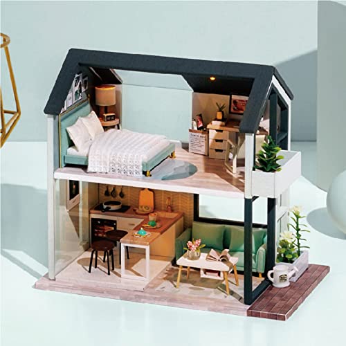 自作の木製ドールハウス - 工具と接着剤のプレゼント[家具とLEDライト付き]
