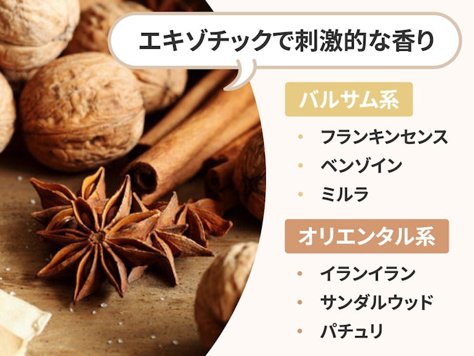 バルサム系・オリエンタル系:甘くエキゾチックな雰囲気を演出