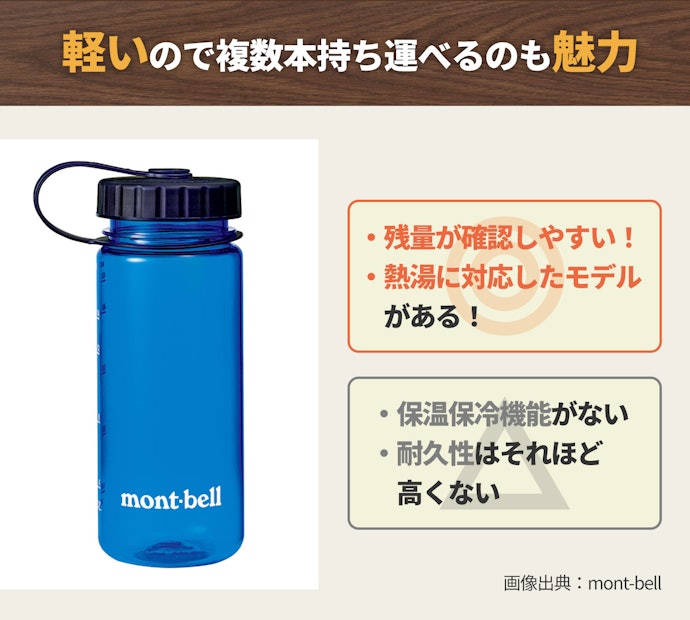 軽量なプラスチックは登山初心者・女性・子どもでも持ち運びやすい
