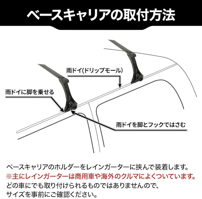 フットとバーで取り付けられるルーフレールタイプとレインガータータイプ