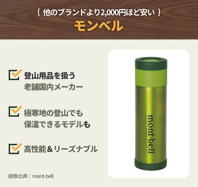 モンベルはアウトドアファンに大人気。高性能でリーズナブルな水筒が手に入る