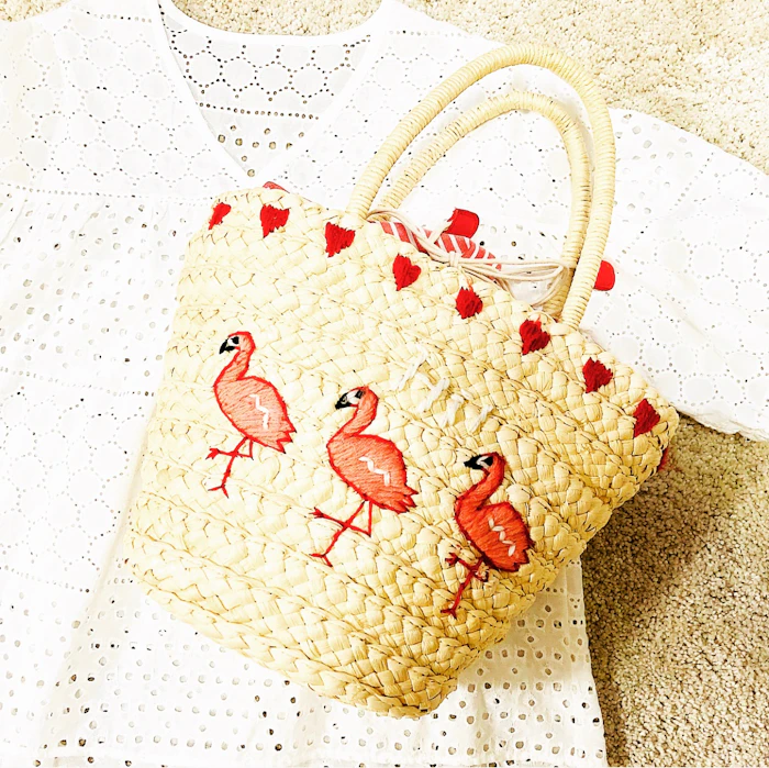 フラミンゴモチーフ刺繍カゴバッグ 1枚目