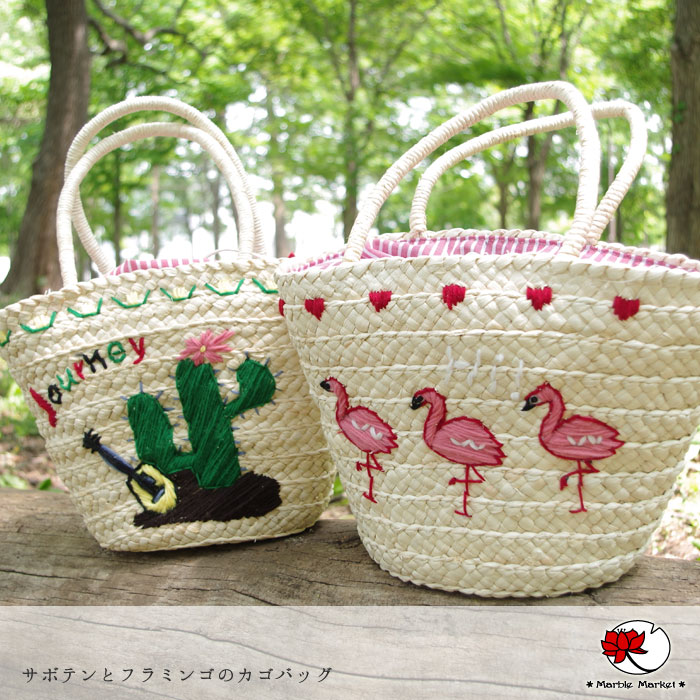 フラミンゴモチーフ刺繍カゴバッグ 4枚目