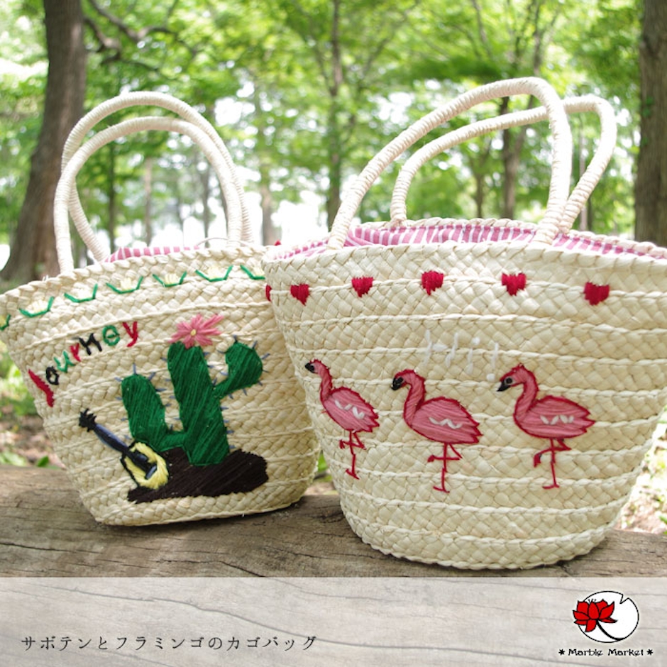 フラミンゴモチーフ刺繍カゴバッグ 4枚目