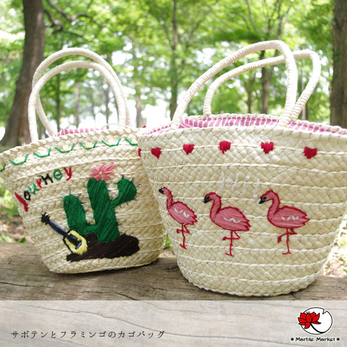 フラミンゴモチーフ刺繍カゴバッグ 4枚目