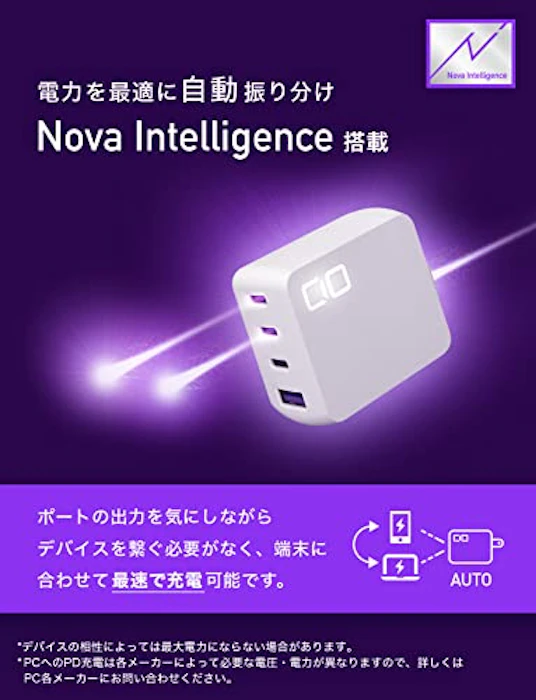CIO NovaPort QUAD 65W GaN充電器 NovaIntelligence搭載 世界最小級 4ポート USB-C×3 + USB-A USB ACアダプター コンセント 急速充電器 軽量 タイプC iPhone Android Macbook Pro iPad Pro ウォールチャージャー ホワイト 3枚目