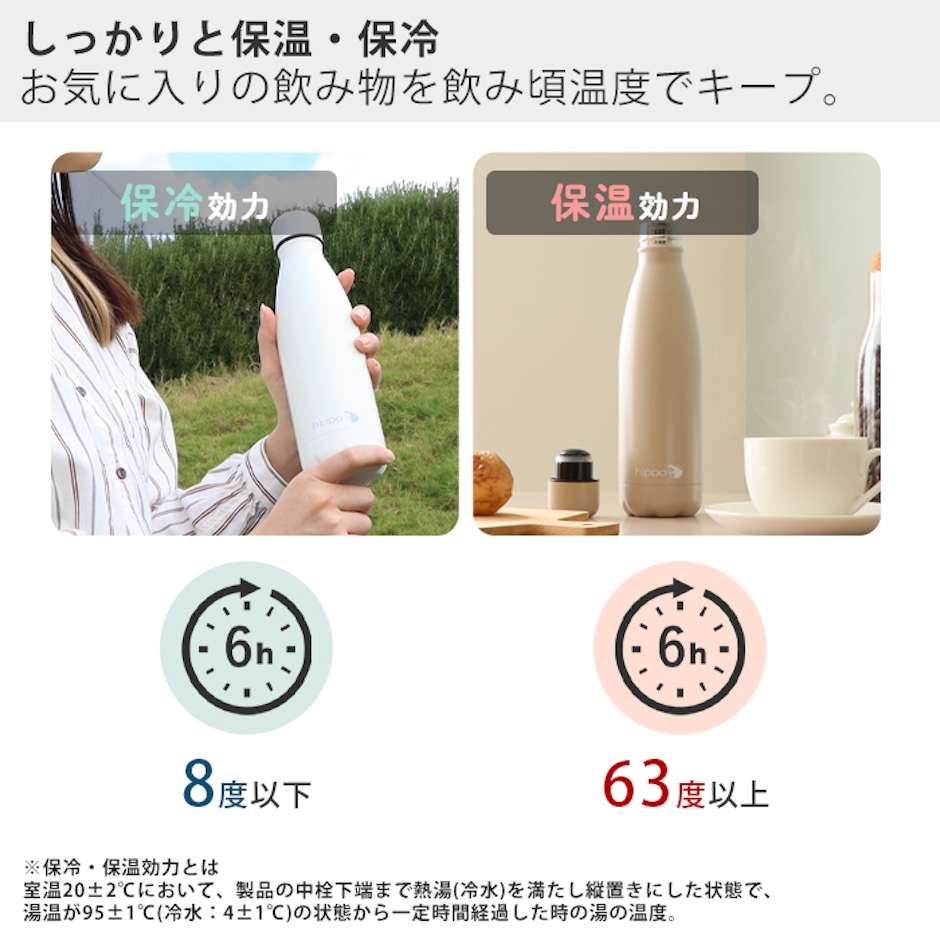 Hippo ステンレスボトル 直飲み 水筒 500ml おしゃれ 真空断熱 真空二重 保温 保冷 18-8ステンレス製 マグボトル マイボトル 大人 通勤 通学 木目 花柄 大理石 シンプル かば カバ hippo ヒッポ プレゼント ギフト 5枚目