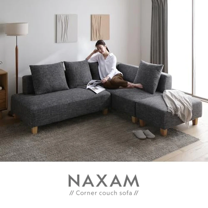 RASIK コーナーカウチソファ 『NAXAM ナザム』 2.5人掛け+カウチソファ+オットマンセット ミックスグレー 木脚 3枚目