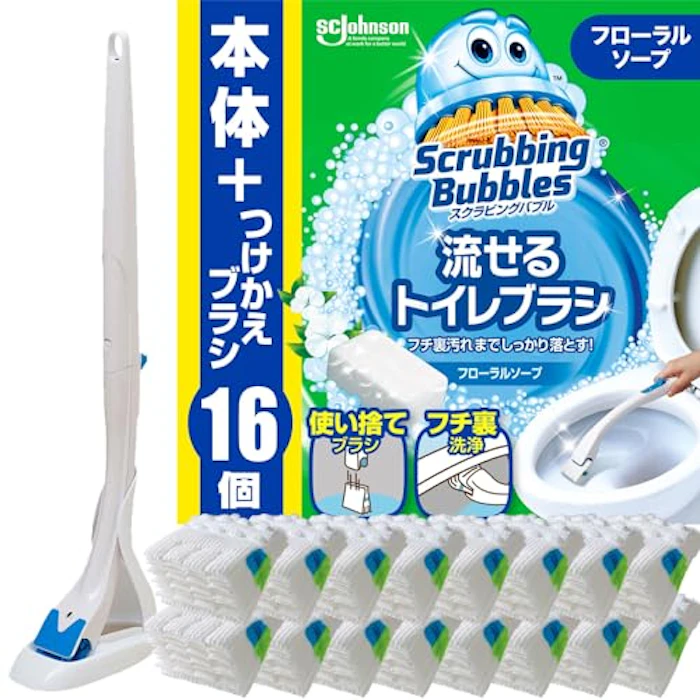 スクラビングバブル 流せるトイレブラシ フローラルソープの香り 本体+付け替え16個 (本体付属4個+付替品12個) 黒ズミ ブラシ 使い捨て 洗剤 まとめ買い 【Amazon.co.jp 限定】 1枚目