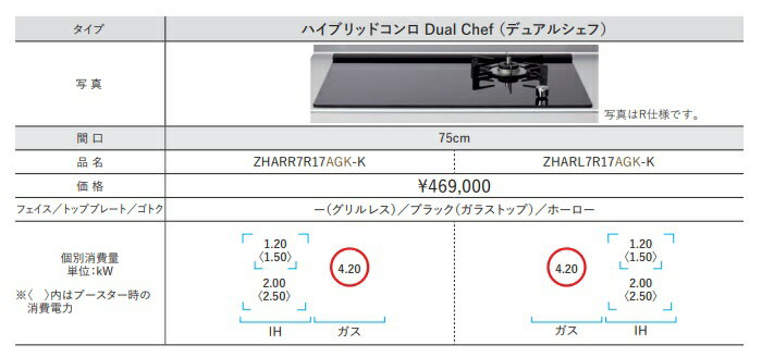 クリナップ 【ZHARR7R17AGK-K】クリナップ ハイブリットコンロ ディアルシェフ 間口75cm ガスコンロ IHクッキングヒーター 200V電源必要 ZHARR7R17AGK-K (ガスバーナーが右仕様）北海道・沖縄・離島は別途送料有 メーカー直送便にてのお届けです 3枚目