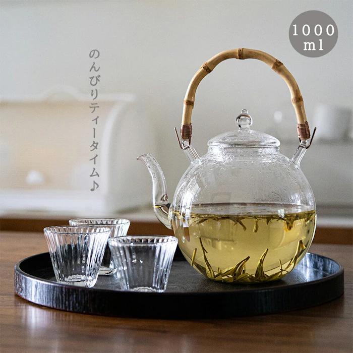 【ランキング第1位獲得】竹月 ガラスケトル 1000ml 耐熱 ガラス ティーポット 竹の持ち手 まんまるポットヤカン 湯沸かし 手作り おしゃれ ガラスポット ガラスティーポット 大容量 紅茶ポット ガラス急須 フルーツティー 麦茶 花茶 母の日 プレゼント 直火対応 IwaiLoft 1枚目