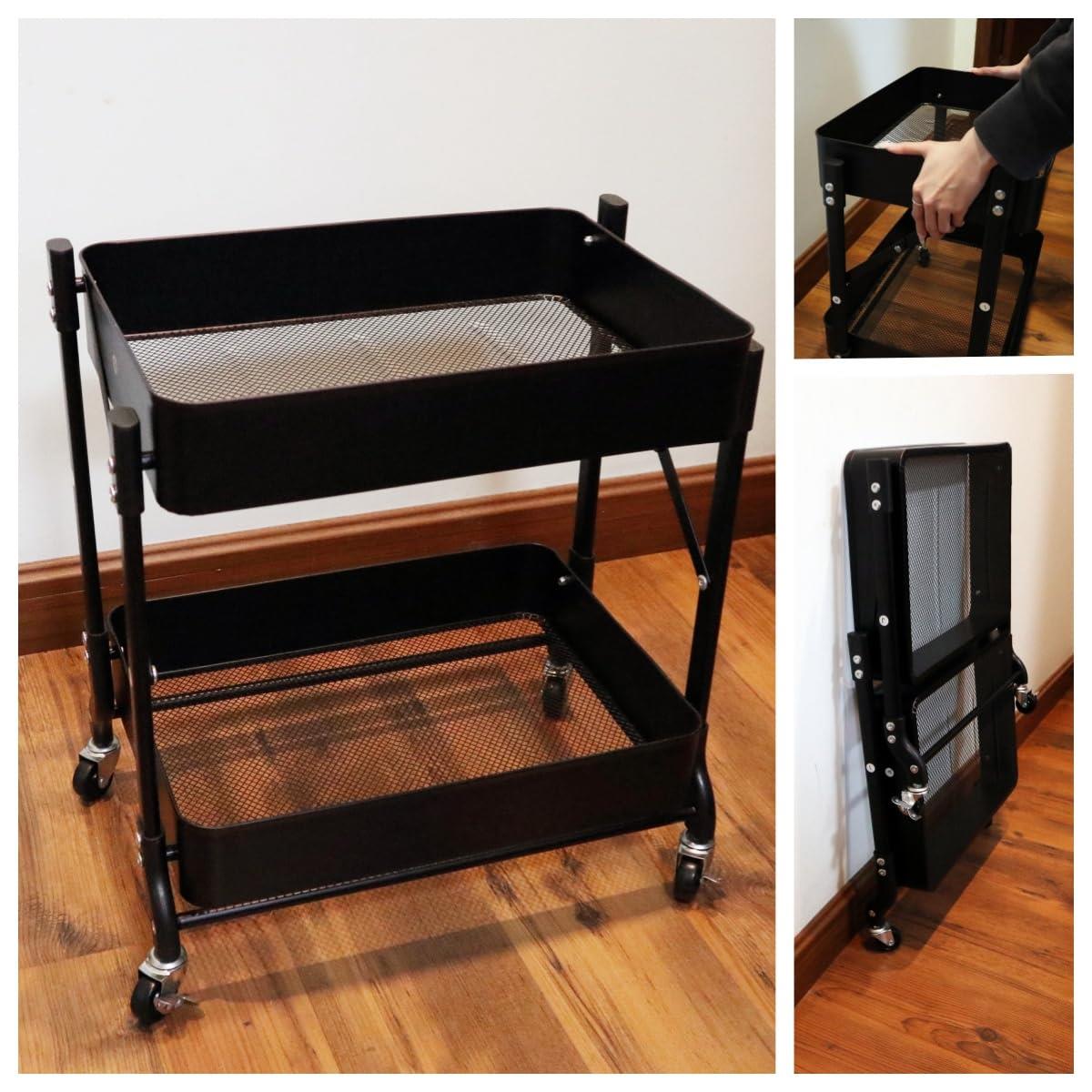 Secchuu  キッチンワゴン 折り畳み 2段タイプ 耐荷重40KG 幅46cm×奥行30cm×高さ51cm シンプルさ 収納ワゴン スチール製ボデイ キャスター付き スムース移動 吊り下げカップとフック小物収納 組立商品 (ブラック, 折畳2段) 1枚目