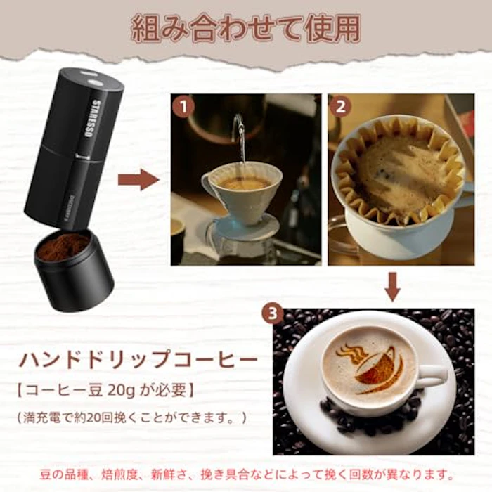 STARESSO 電動コーヒーミル コーヒーメーカー エスプレッソ コーヒー粉砕機 コーヒーミル ステンレス製コーヒーミル 軽量 省力性 携帯式 粗さ調整可能 粉受け 48粒度調節 コニカルカッター 一台多役 自動停止 操作簡単 USB充電式 アウトドア キャンプ プレゼント ブラック 4枚目