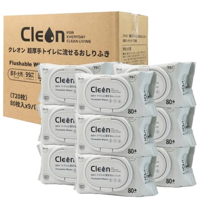 Cleon 超厚手 トイレ流せる おしりふき からだふき ウェットティッシュ 80枚×9パック 1枚目