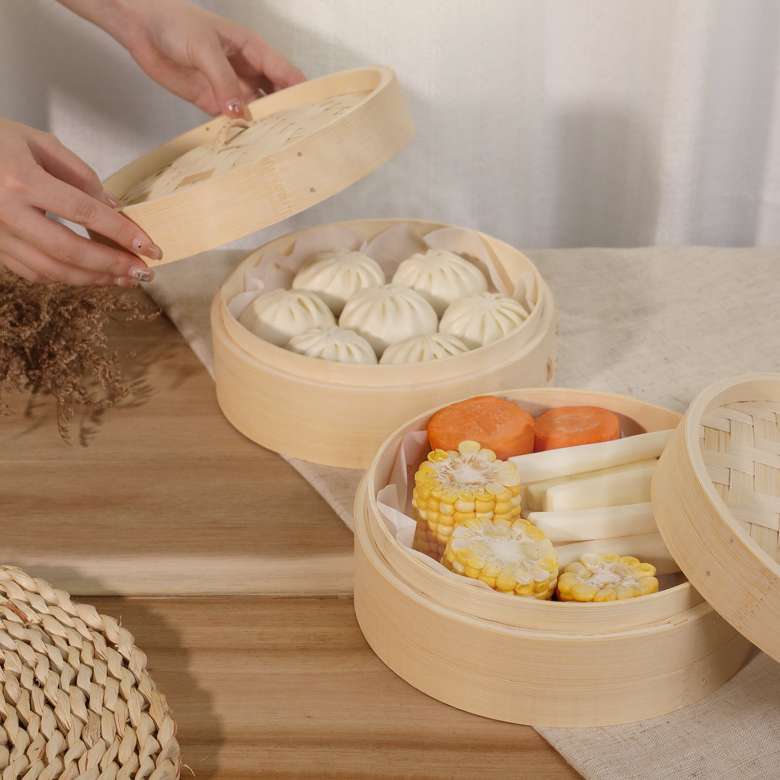 【送料無料】竹美TAKEMI せいろ 20cm 竹 蒸し器 中華せいろ 2段 セイロ 蒸し器 蒸篭 蒸籠 天然木 2段セット ヘルシー 点心 飲茶 小籠包 しゅうまい おこわ 蒸し料理 温野菜 プリン 茶わん蒸し 竹製 SDGs 脱プラ エシカル 9枚目