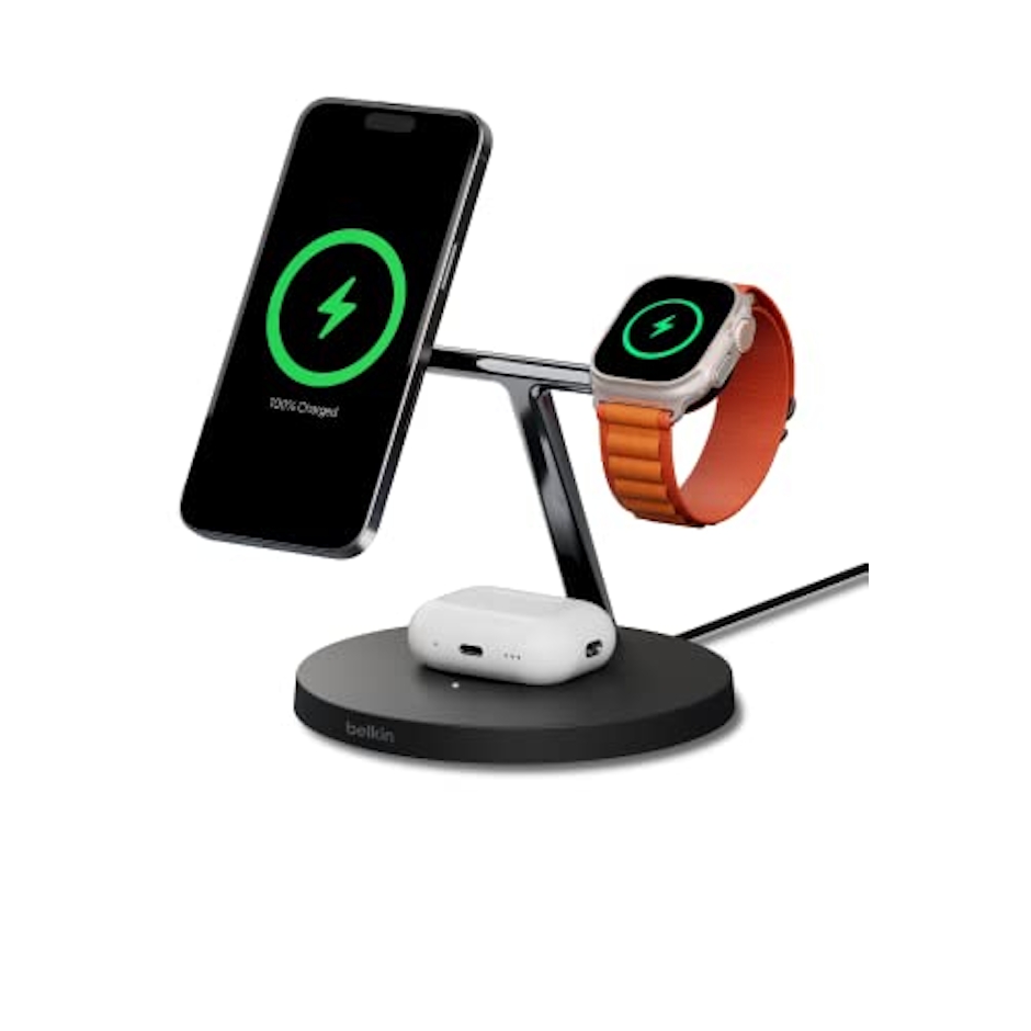 Belkin Belkin 3 in 1 MagSafe充電器 最大15W高速充電 MagSafe公式認証 iPhone 14 / 13 / 12 Apple Watch 8/7/Ultra 高速充電対応 AirPodsワイヤレス充電対応 ブラック WIZ017dqBK 1枚目