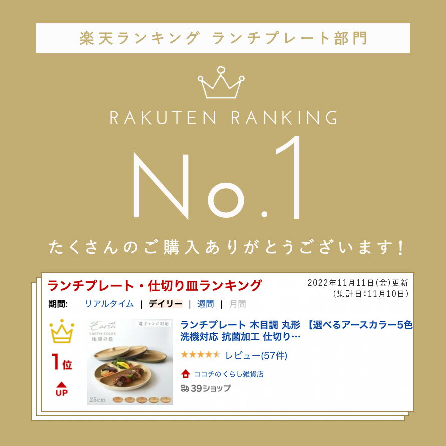 EARTH COLOR ランチプレート 木目調 丸形 【選べるアースカラー5色】レンジ対応 食洗機対応 抗菌加工 仕切り皿 仕切りプレート おしゃれ カフェ アウトドア 北欧 食器 スタッキング 割れない 軽量 軽い 木目 アースカラー お皿 皿 プレート ワンプレート 丸 ラウンドプレート 2枚目