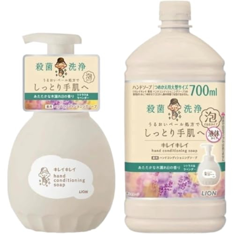 (サタプラで紹介)【まとめ買い】キレイキレイ 薬用ハンドコンディショニングソープ あたたかな木漏れ日の香り (シトラス&ラベンダー) 本体 450ml + 詰替え用 700ml 1枚目