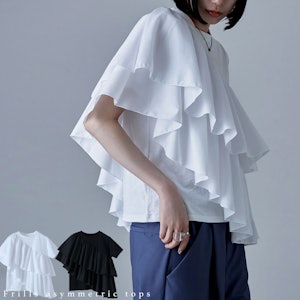 フリルアシンメトリートップス トップス Tシャツ 半袖 プルオーバー 丸首 クルーネック 綿 フリル レイヤード風 重ね着風 コンパクト ショート丈 1枚目