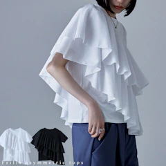 フリルアシンメトリートップス トップス Tシャツ 半袖 プルオーバー 丸首 クルーネック 綿 フリル レイヤード風 重ね着風 コンパクト ショート丈 1枚目