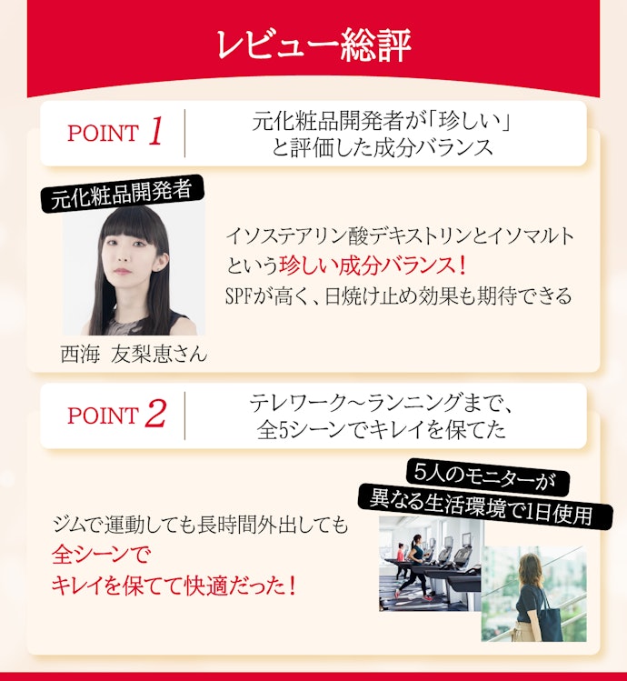 はじめに結論!美容液のようなみずみずしいつけ心地でありながら、高い紫外線防止効果を備え、シーンを問わず使用しやすかった