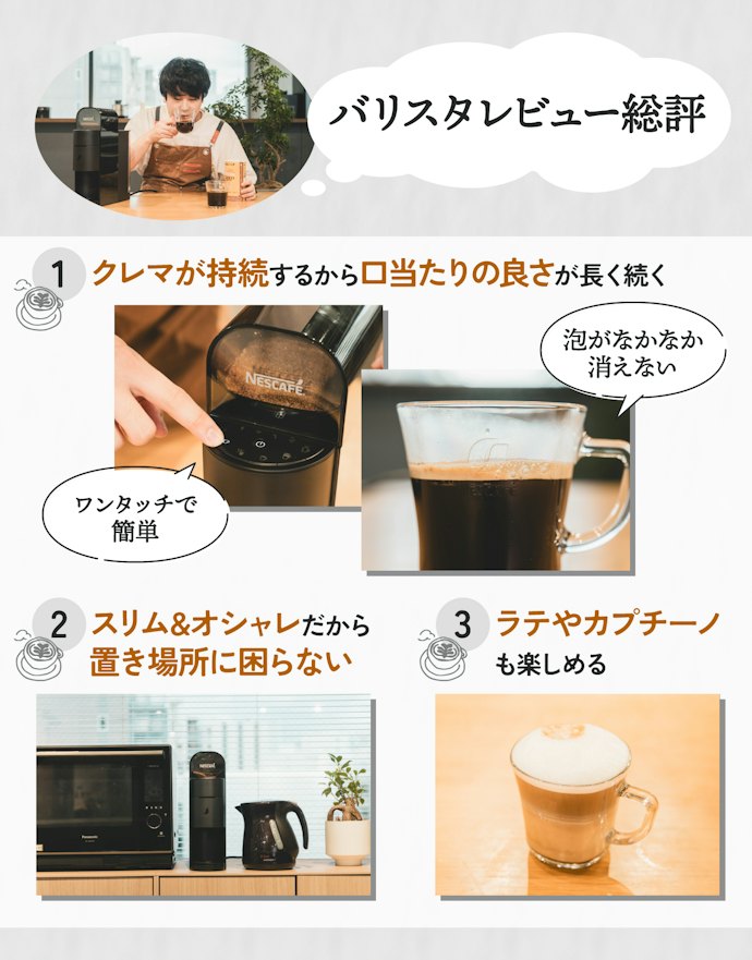はじめに結論!クレマのなめらかな口当たりに感動。ワンタッチで本格的なコーヒーを楽しめる1台