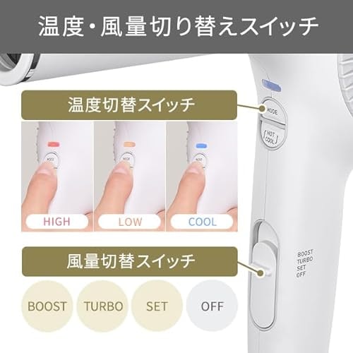 風量・温度ともに3段階調整。温冷自動切り替え機能つき