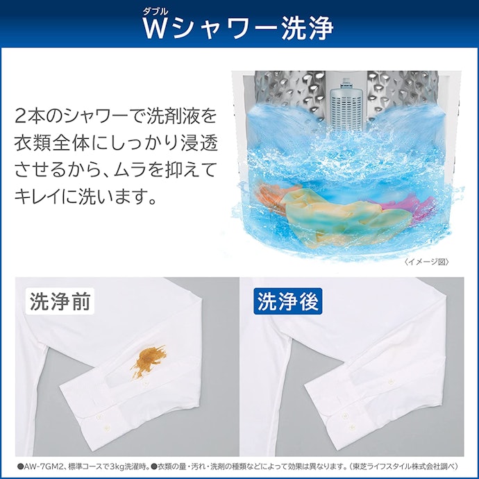 2本のシャワーで汚れにアプローチ。2023年1月発売の1〜2人用におすすめな7kgタイプ