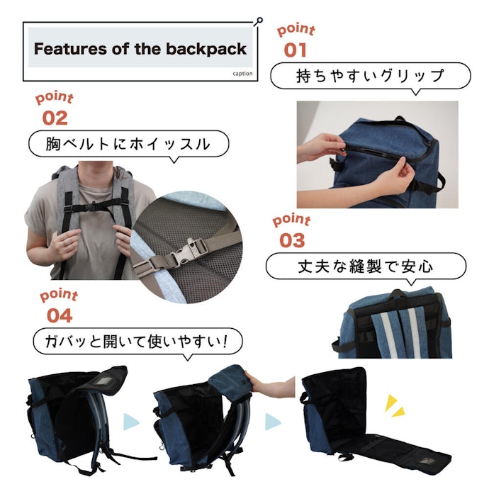 大きく開くリュックで中身を取り出しやすいつくり