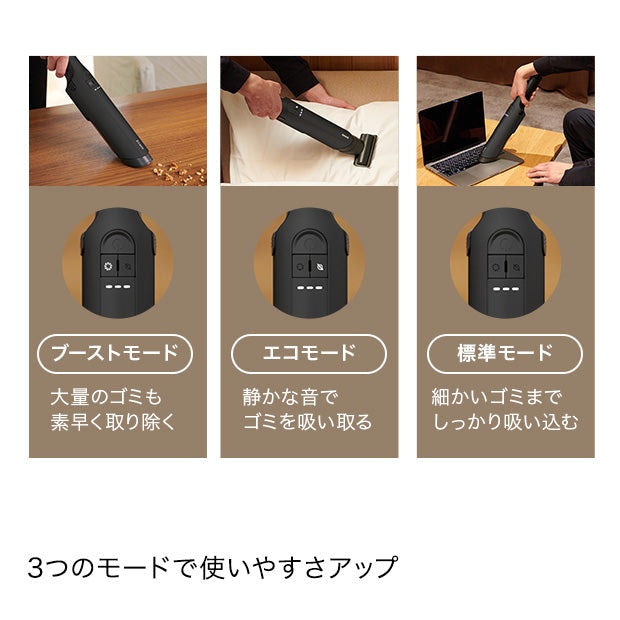3つの吸引モードを搭載。最長35分の連続使用が可能