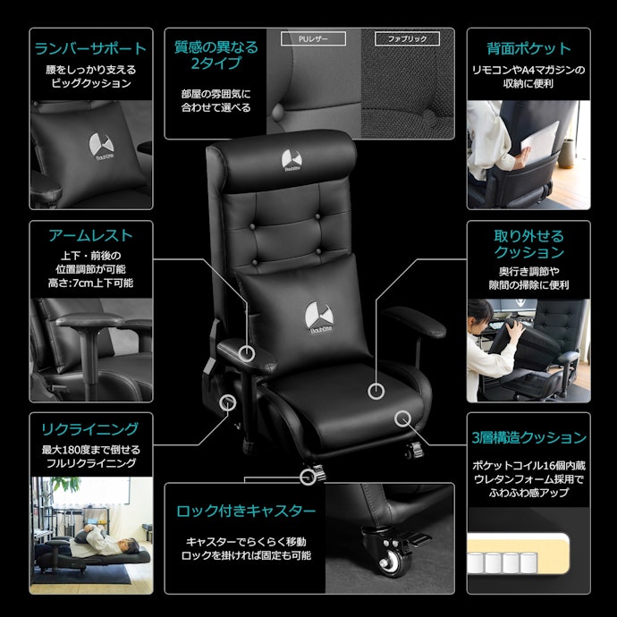 コイルとウレタンで座面のふわふわ感を追求。ロックできるキャスターつき
