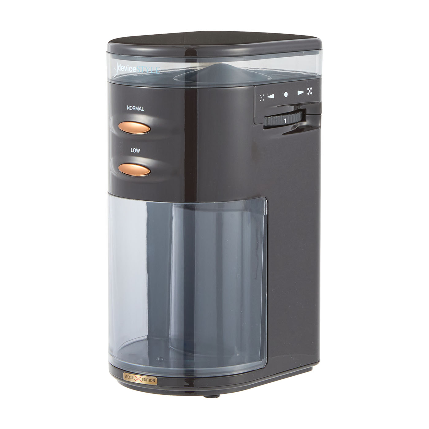 デバイスタイル電動ミル&エスプレッソマシン 挽き目ダイヤルで好みの一杯を追求できる。デバイスタイルの電動